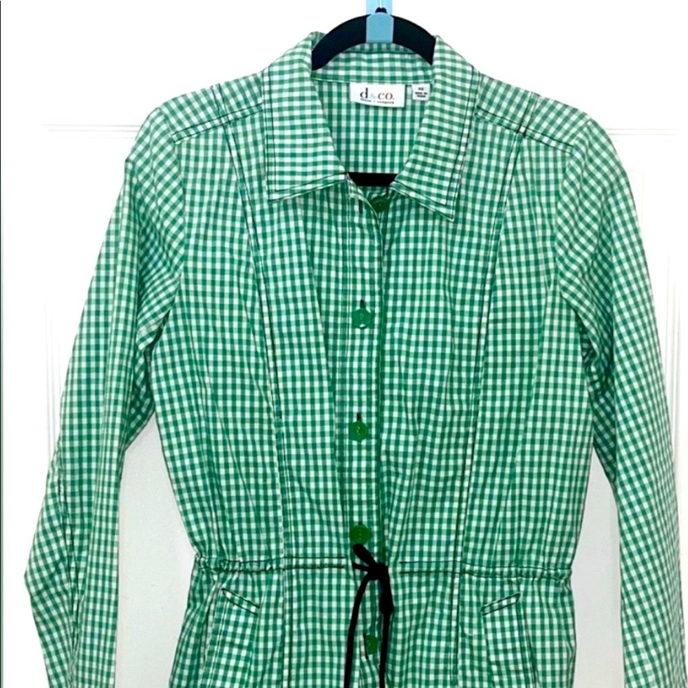 Denim & Co. Green Gingham Shirt Jacket Drawstring Waist Pockets size X-Small